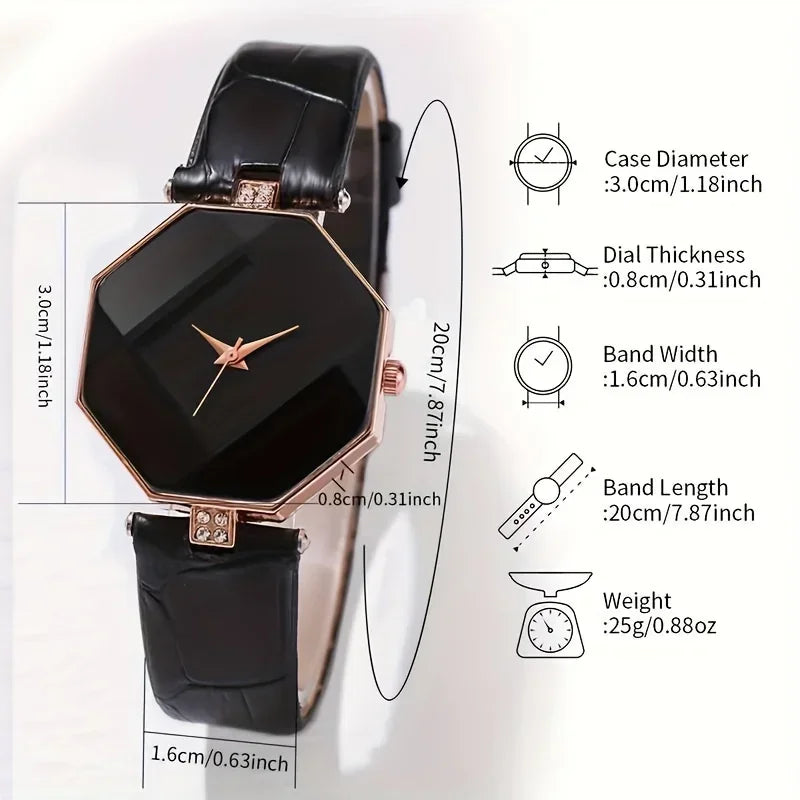 Women's Polygon Quartz Watch Pointer Quartz Watch Analog PU Leather Wrist Watch & Heart Bracelet Gift For Her Qme