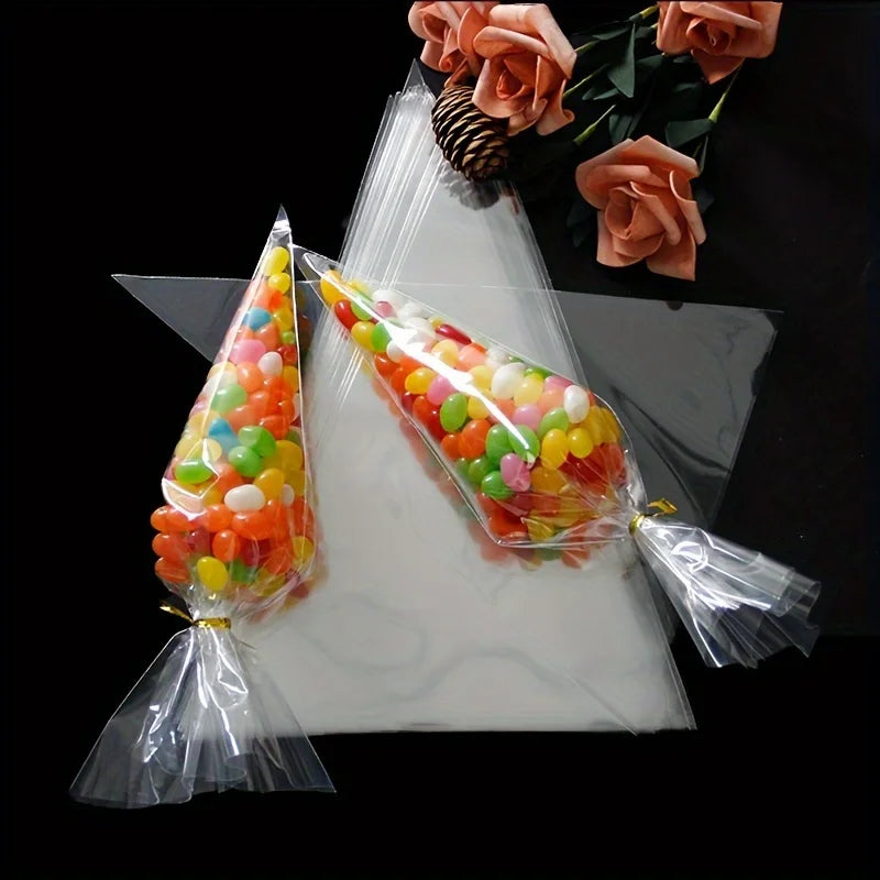 100pcs Golden Twist Ties Clear Treat Bags for DIY Snacks, Chocolates, Candy, Popcorn, Cookies - Perfect for Birthday Parties Qme