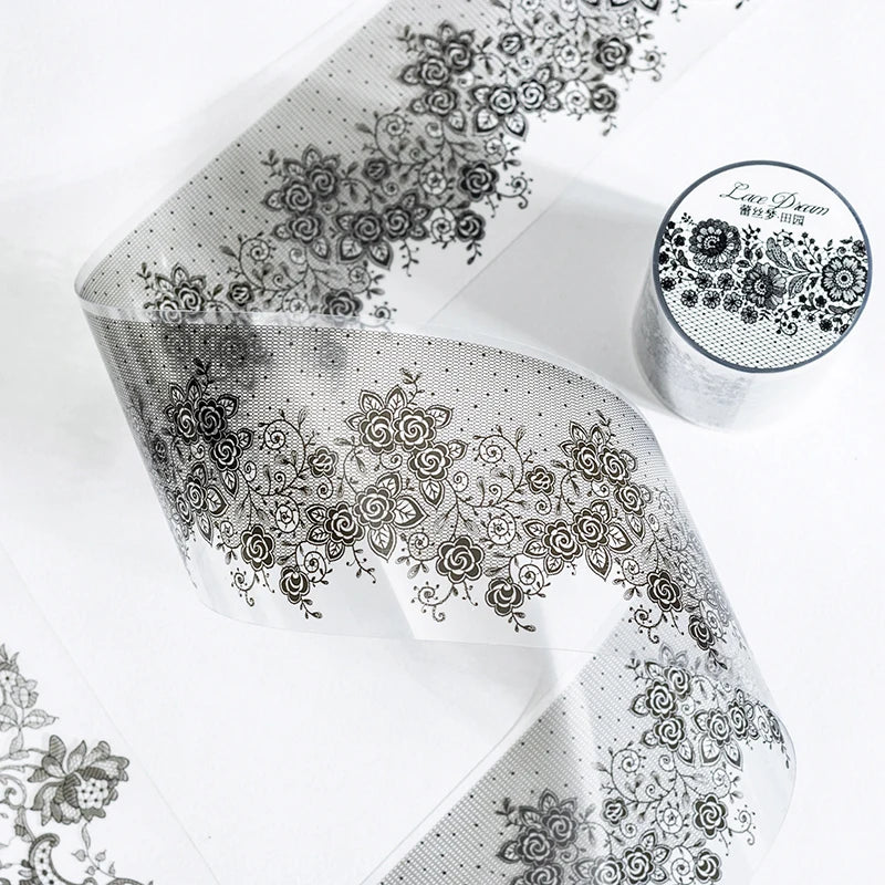 55mm*2m Black White Lace PET Tapes DIY Scrapbooking Junk Journal Aesthetics Decor Diary Collage Masking Tape Stationery Supplies Qme