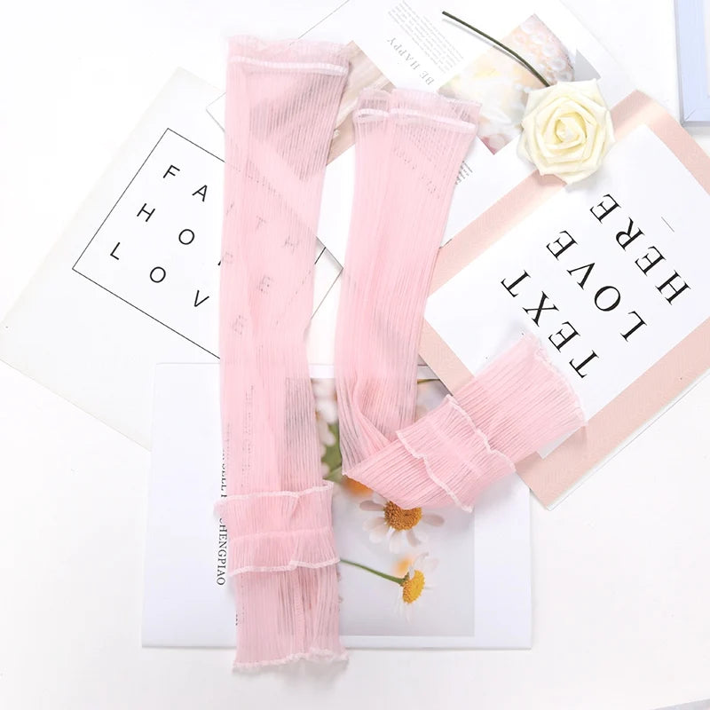 Women Summer Long Sun-protective Sleeve Sweet Fingerless Gloves Qme Pink one size