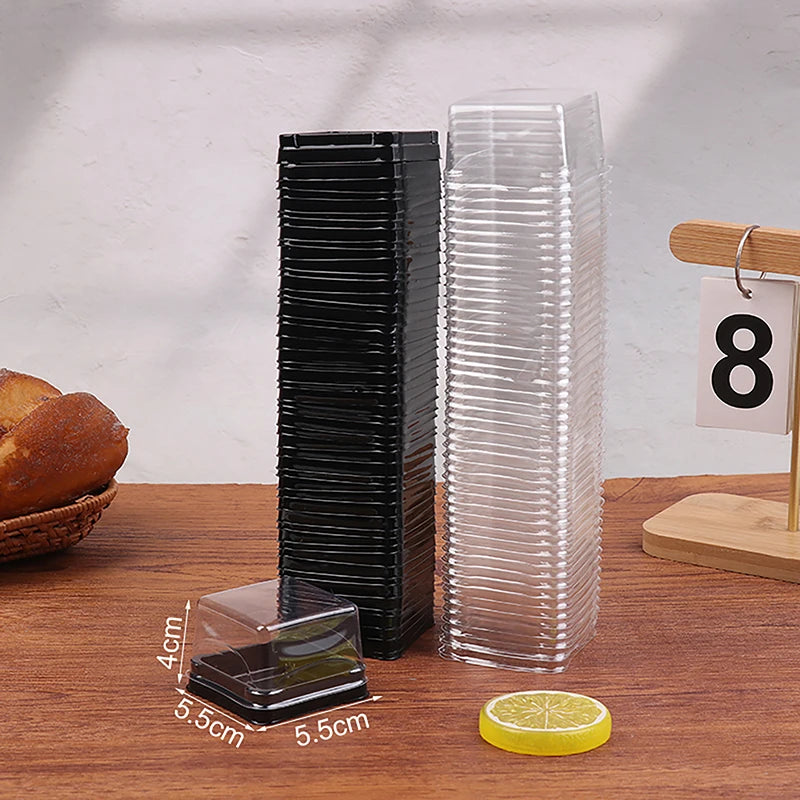 50Pcs Dessert Egg-Yolk-Puff BoxTransparent Square Plastic Muffin Packaging Boxes Moon Cake Container Baking Food Packing Qme 50g Black