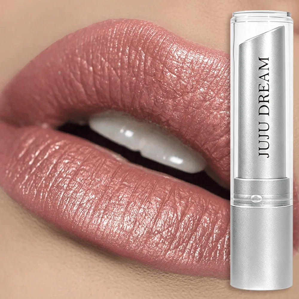 JUJU DREAM Silver Tube Shimmer Peach Lipstick Pearlescent Hydrating Qme