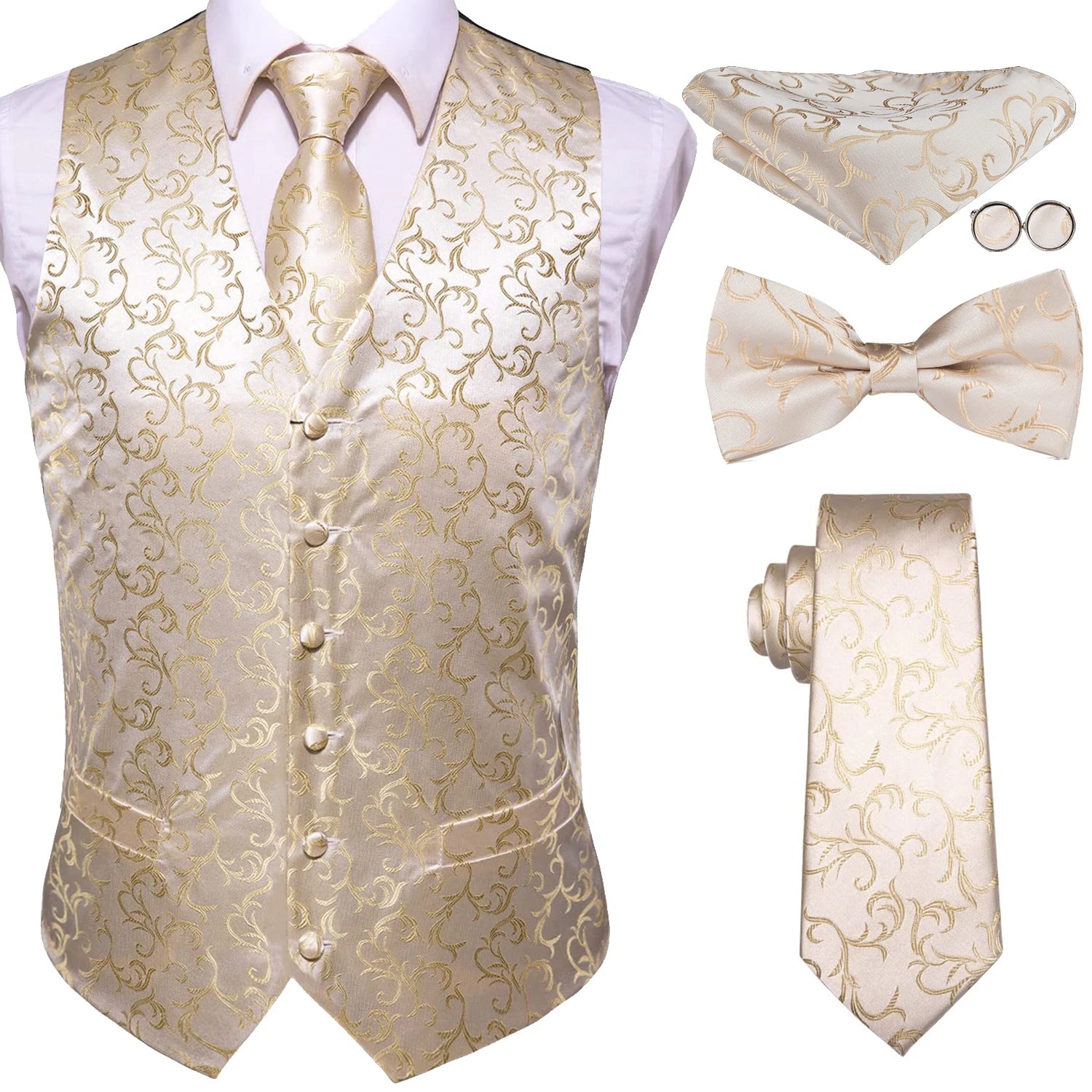 Luxury Gold Mens Suit Vest Red Blue Green Yellow Waistcoat Tie Bowtie Qme