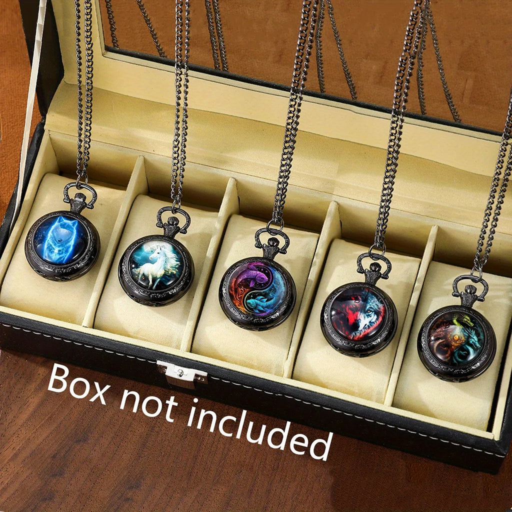 5pcs flip decoration necklace watch combination - fashionable neutral quartz watch with colorful animal pattern design Qme Multicolor
