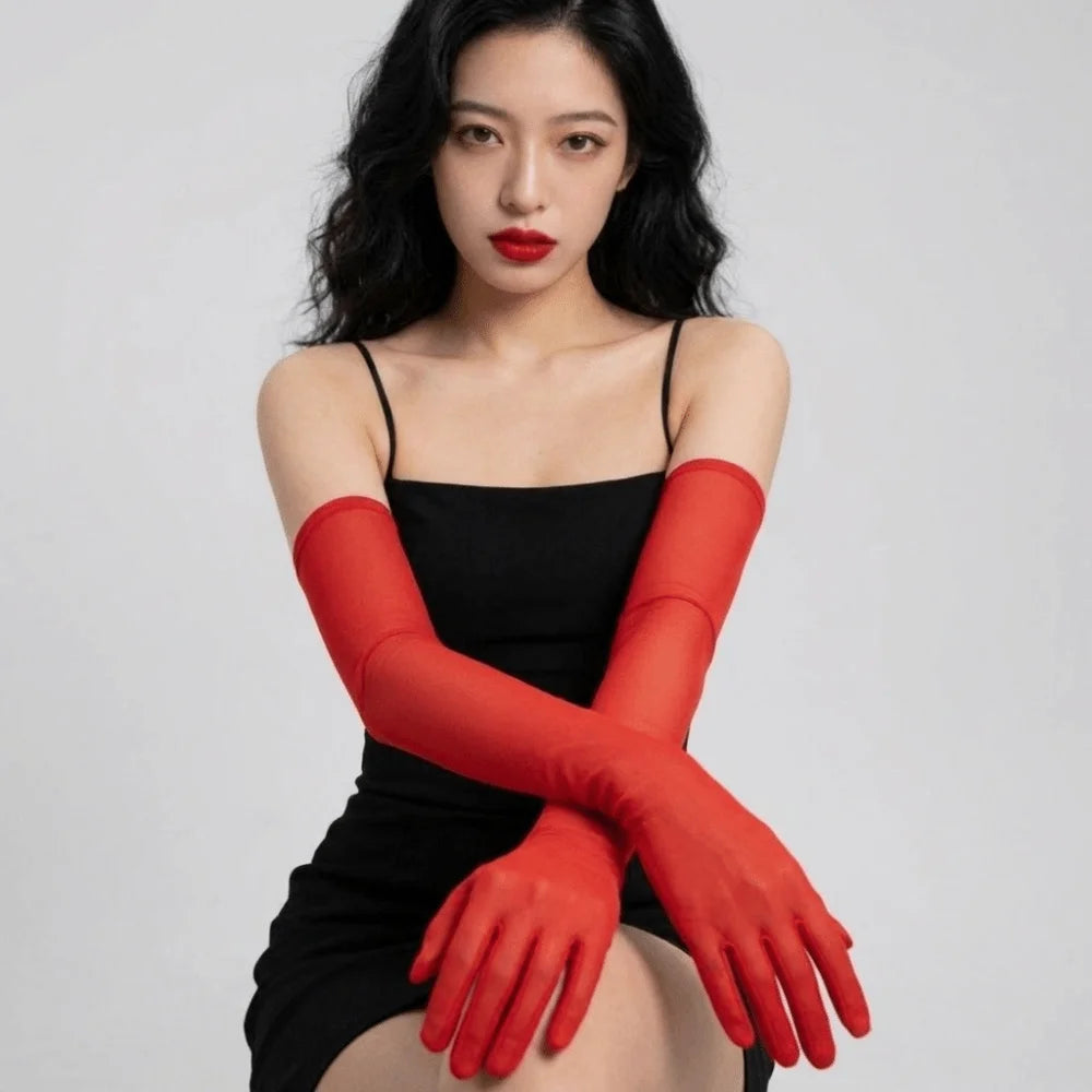 Fashion Ultra-thin Transparent Gloves Elbow Sheer Tulle Sunscreen Mittens Sun Protection Gauze Mesh Full Finger Gloves Outdoor Qme Red