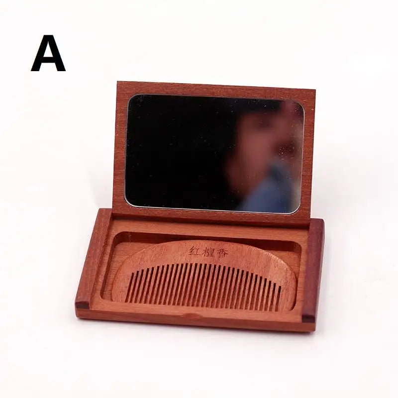 2-in-1 Wooden Comb Mirror Compact Red Sandalwood Folding Travel Home Qme A