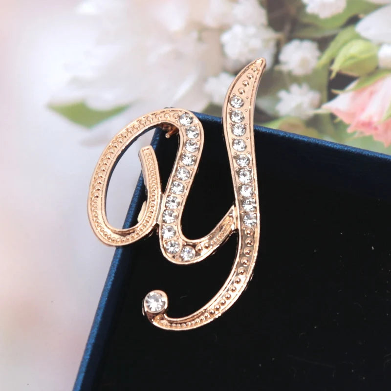 Fashion Women Rhinestone Brooch A-z English Letter Gold Metal Pins Qme Y