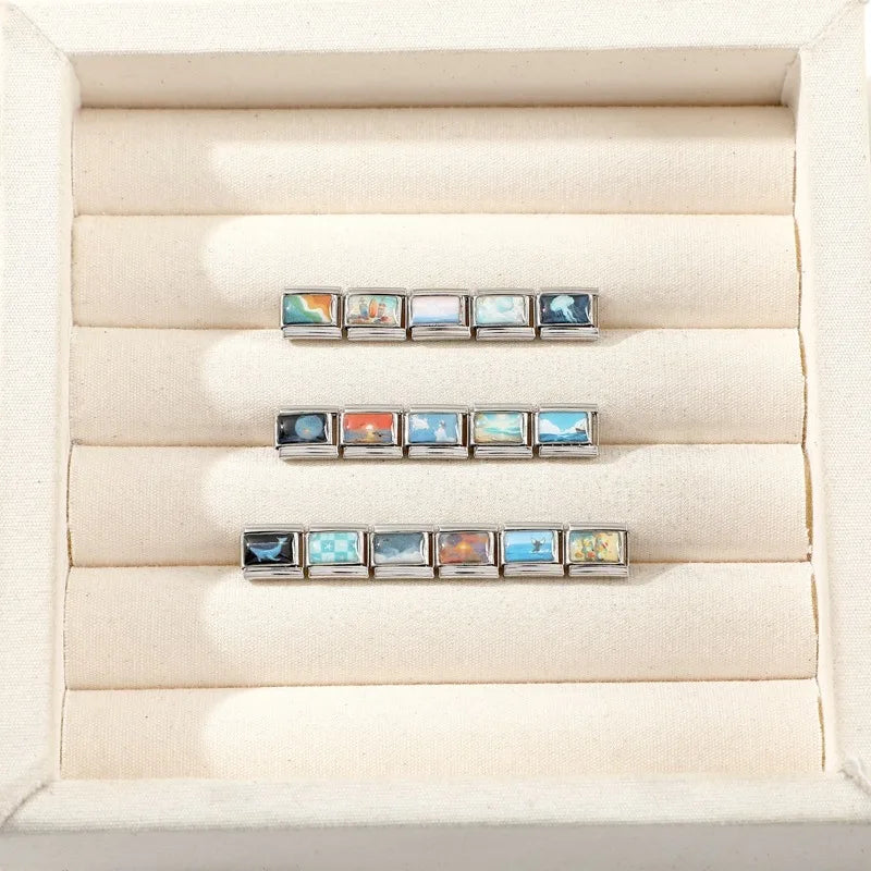 Personalized Italian Charm Bracelet Charm Bead Sunrise Sunset Seaside Stainless Steel 9mm Bracelet DIY Bead Fashion Jewelry Gift Qme