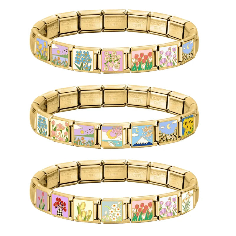 2025 Women Fashion Heart Taichi Blue Sea Scenery Moon Flower Night Sky Italian Charms Fit 9mm Stainless Steel Bracelet Jewelry Qme