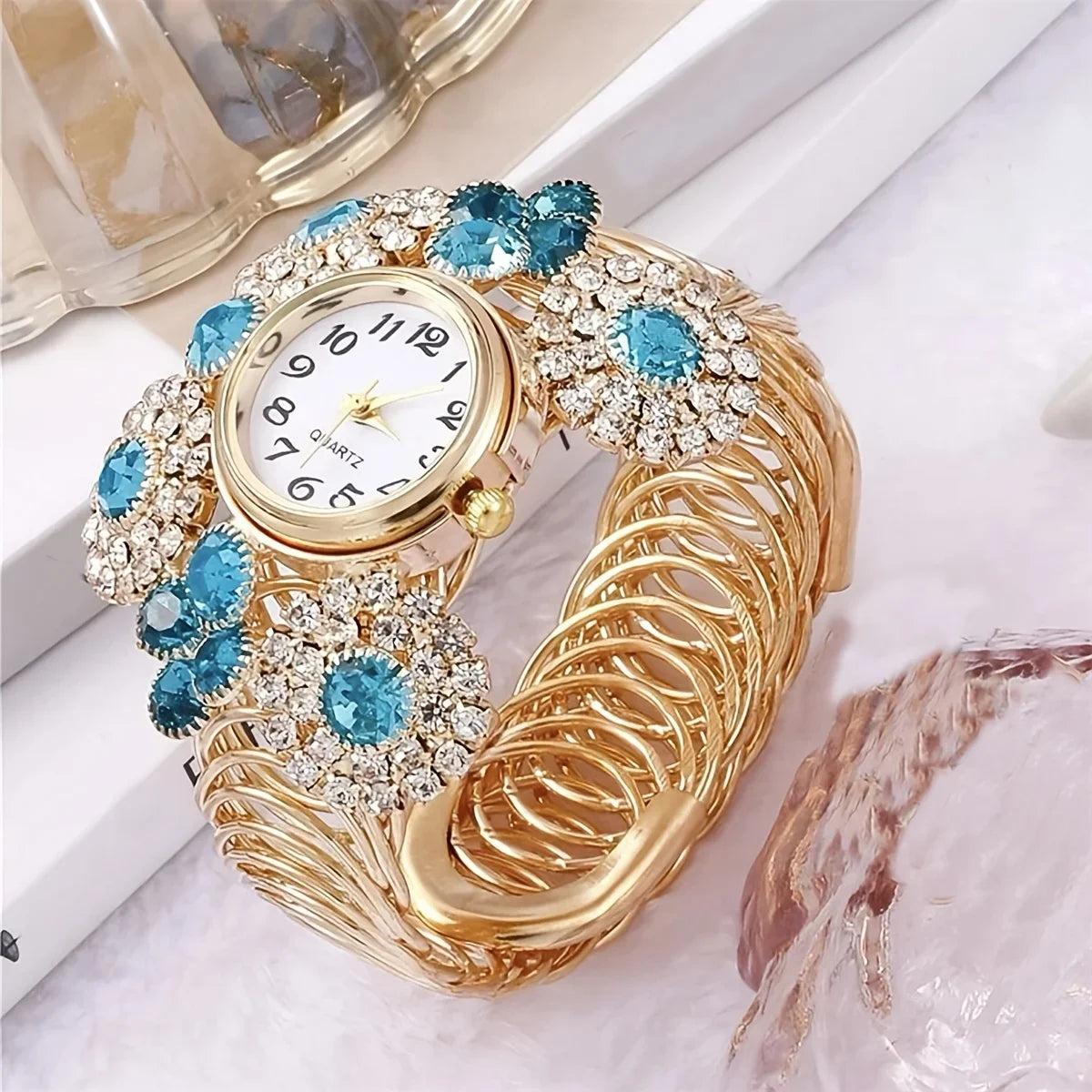 Rhinestone Flower Decor Quartz Bracelet Watch Boho Analog Cuff Bangle Dress Watch, Gift For Mother's Day Valentine's Day Qme