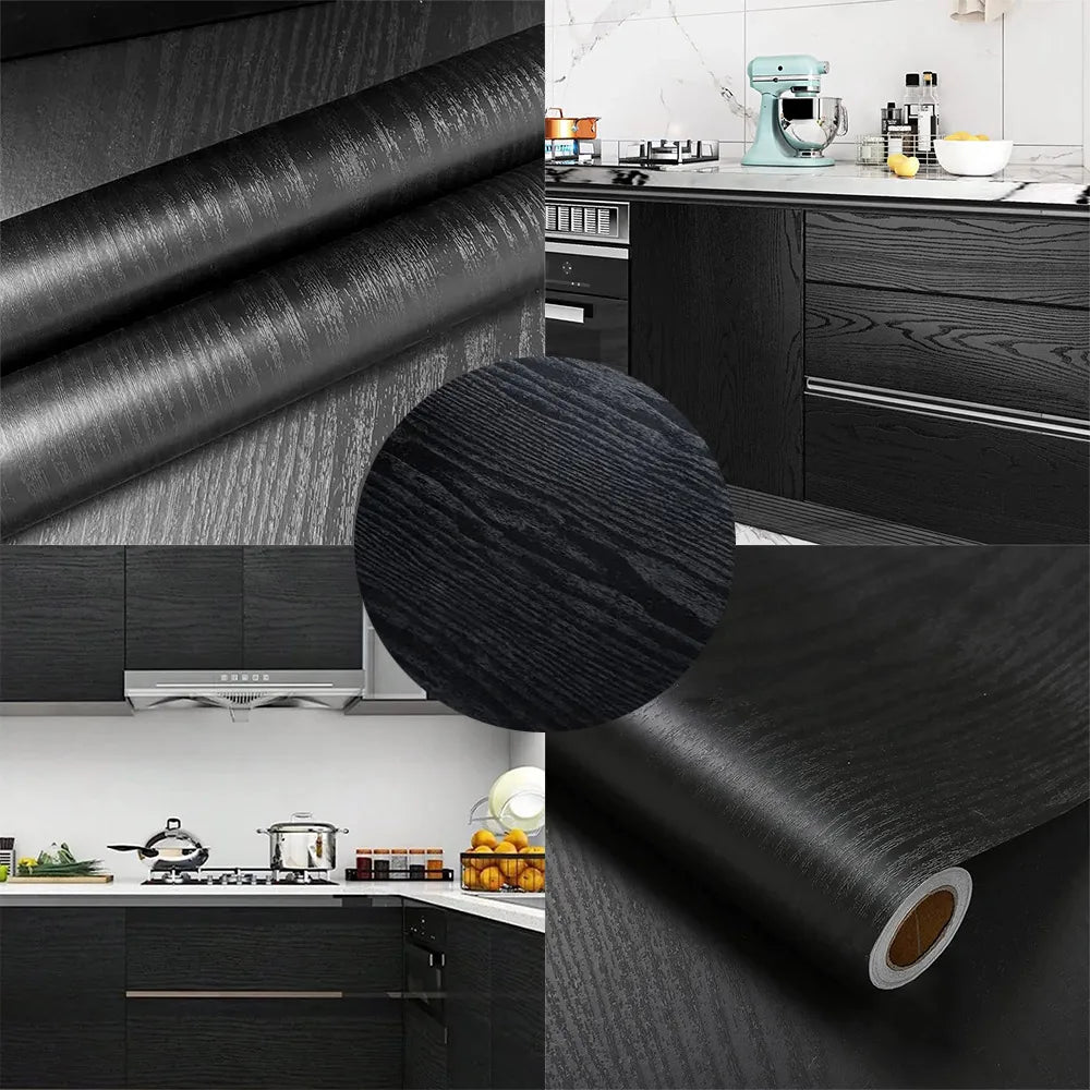 40cm Black Wood Grain Simple Waterproof Home Decoration Oil Resistant Kitchen Cabinet Kitchen Desktop Self-Adhesive Wallpaper Qme