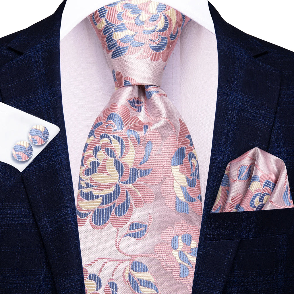 Hi-tie Floral Pink Purple Blue Men Elegant Necktie Handkerchief Qme N-3884