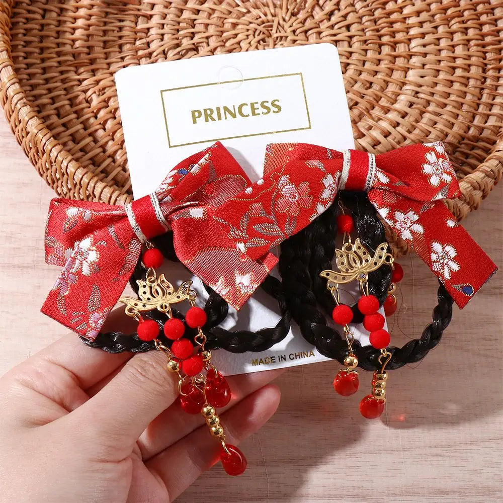 Elegant Sweet Cloth Hanfu Headdress Tang Suit Tassel Chinese Style Wig Braid Hairpin Side Clip Bow Hairpin Hair Accessories Qme