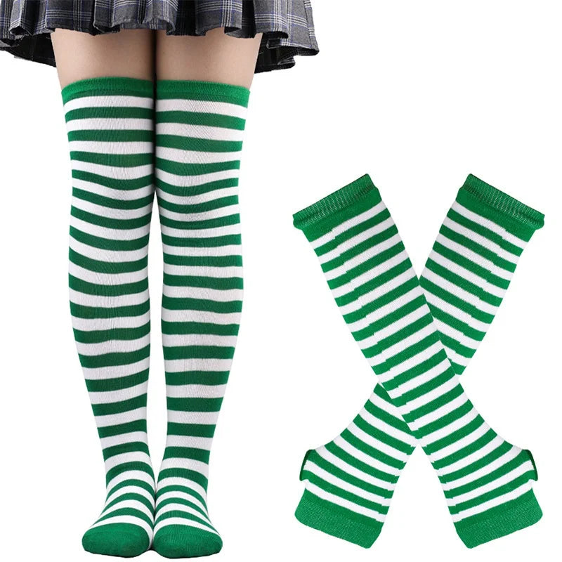 Women Girls Over Knee Long Stripe Thigh Cotton Gothic Lolita Socks Qme green white One Size