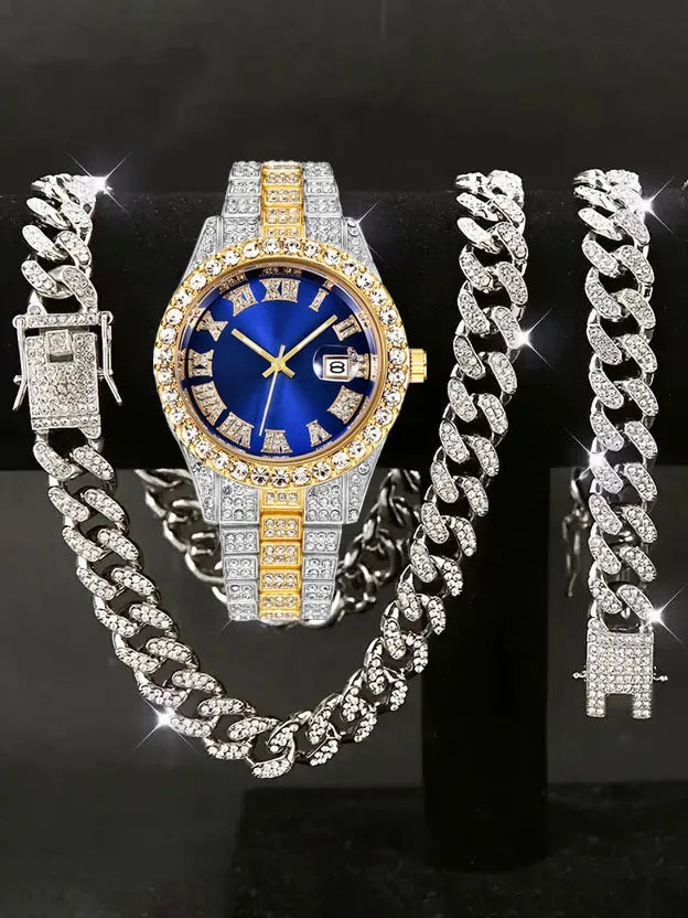 Hip hop Watch Set with Diamond Bracelet Necklace Quartz Hiphop Watch Essay Watch Large Dial Set Qme Brown