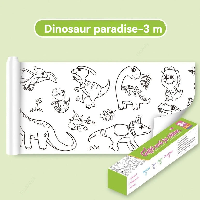 Children's Doodle Scroll Childrens Drawing Roll - 3M, DIY Coloring Paper Roll Color Filling Graffiti Paper-cut Painting School Qme Dinosaur Park