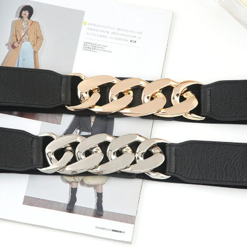Elastic Wide Metal Chain Buckle Belt Lady Girls PU Leather Rivet Qme