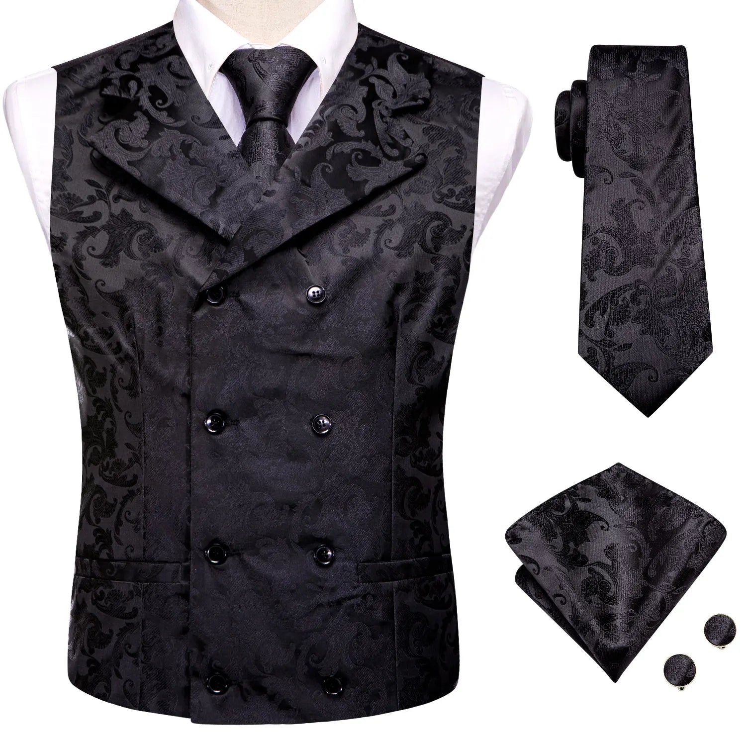 Formal Men V-neck Waistcoat 4-in- Vest Tie Pocket Square Cufflinks Qme MJTZ3118 XXL