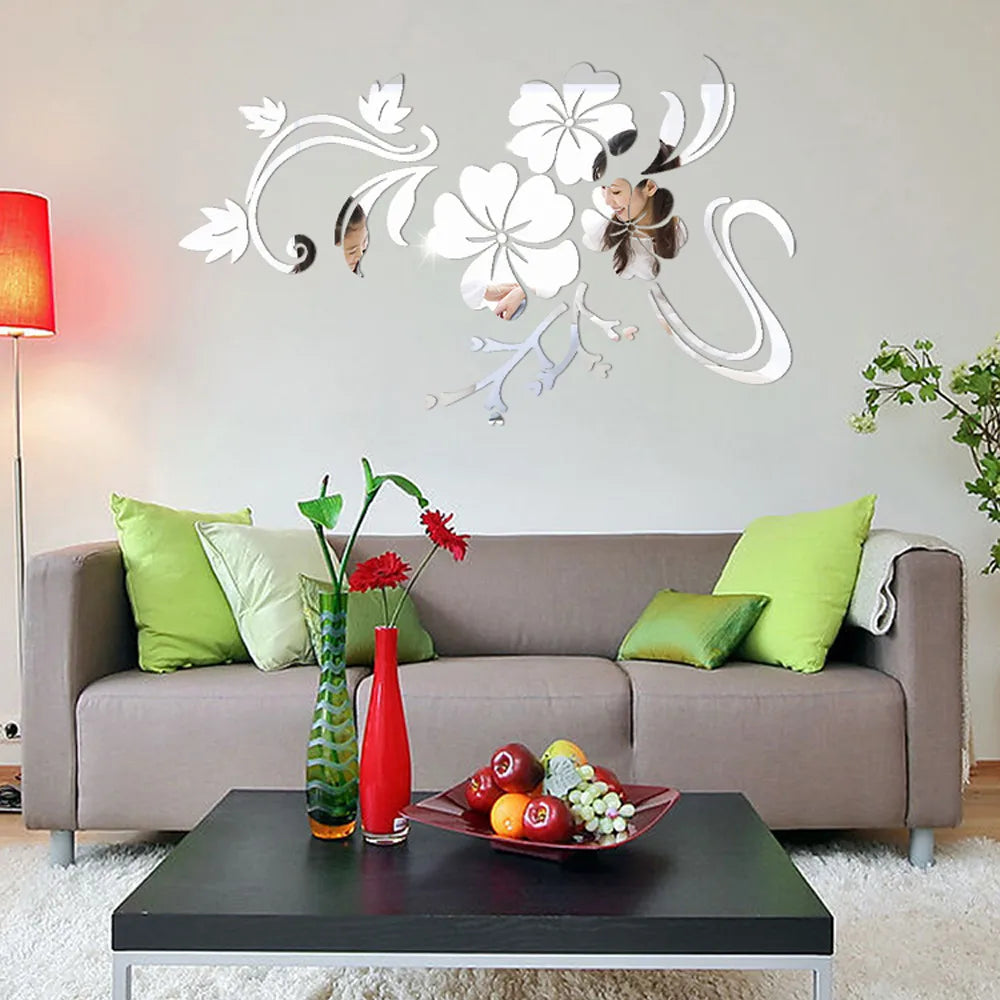 3D Mirror Floral Art Removable Wall Sticker Acrylic Mural Decal Home Room Decor Solid Color Flower Pattern Wall Sticker Qme