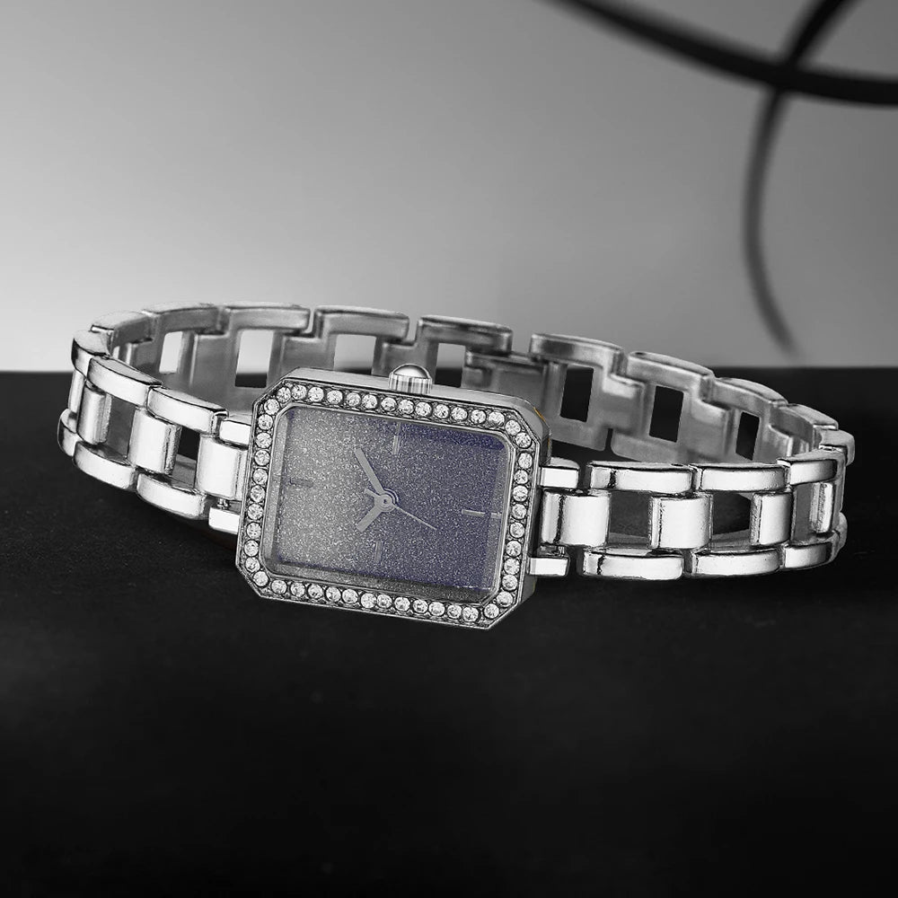 2PCS Silver Women's Watch Set Luxury Trendy Simple Quartz Watch Bracelet Set Suitable for Daily Clothing Matching Perfect Gift Qme