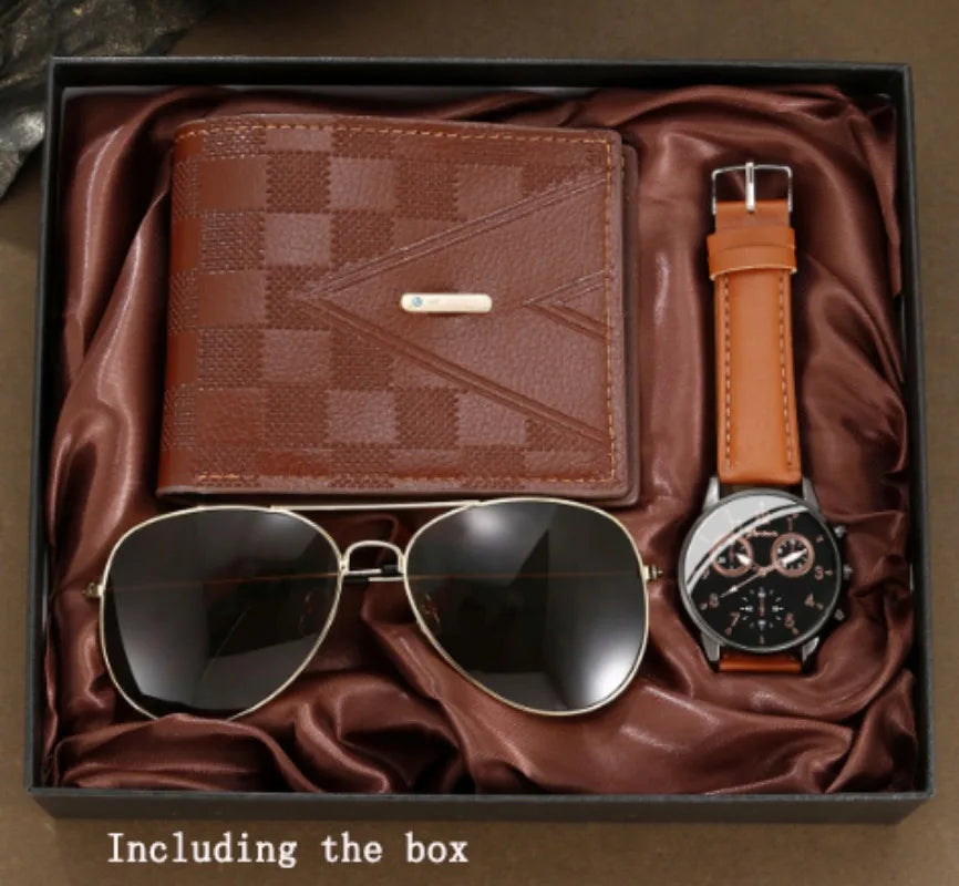 Cross border 2025 hot selling GENEVA fake three eye personalized belt watch wallet sunglasses 3pcs gift box set Qme Including the box