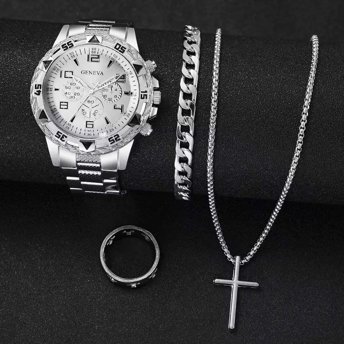 4PCS Large dial men's steel strap watch fashionable business white light glass digital quartz watch set Qme