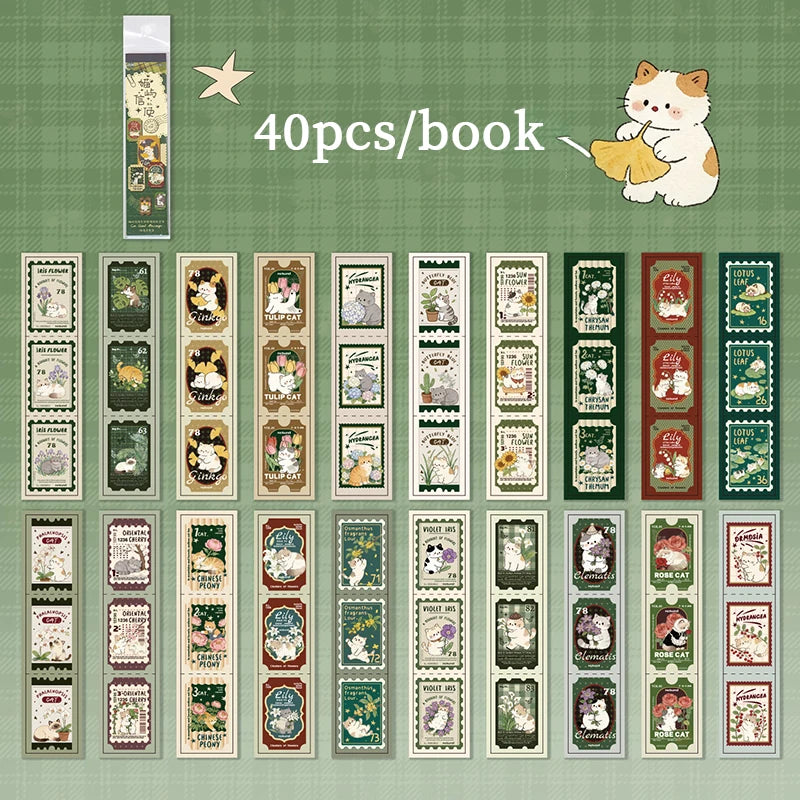 Retro Forest Style Cat Long Sticker Book, Perfect for Journal Collage, Kpop Deco, Gift Wrapping and Notebook Decoration Qme A