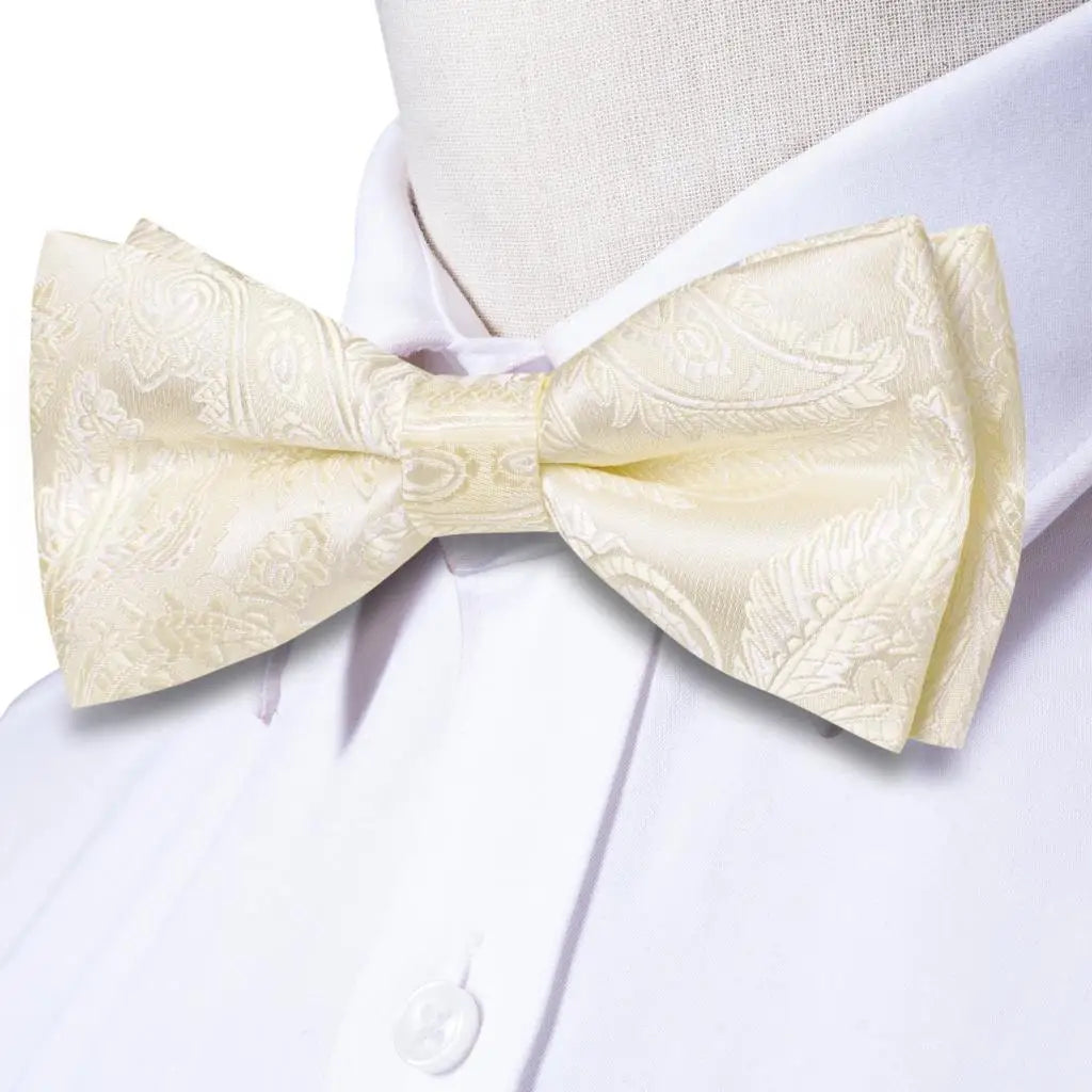 Beige Champagne Gold Mens Bow Tie Hanky Cufflinks Set Jacquard Floral Pre Tied Butterfly Bowtie for Male Wedding silk Business Qme