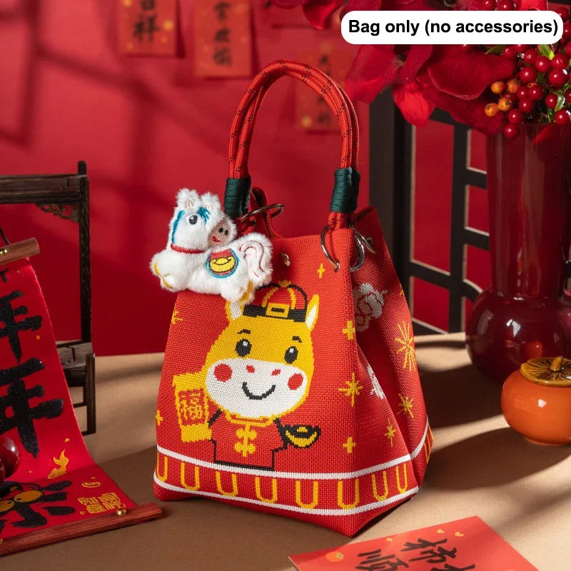 New 2026 Horse Year Cartoon Mascot Pony Knitted Bucket Bag For Women Fashion Large Capacity Portable Handbag New Year Gift Qme style 2
