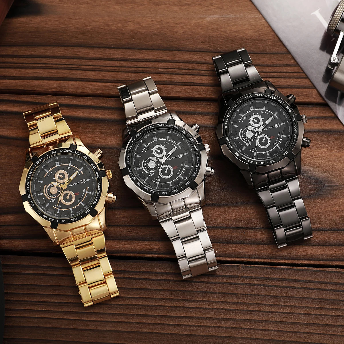Men's Steel Belt Set Watch Fashion Three Eye Calendar Men's Watch 3pcs Quartz Watch Qme
