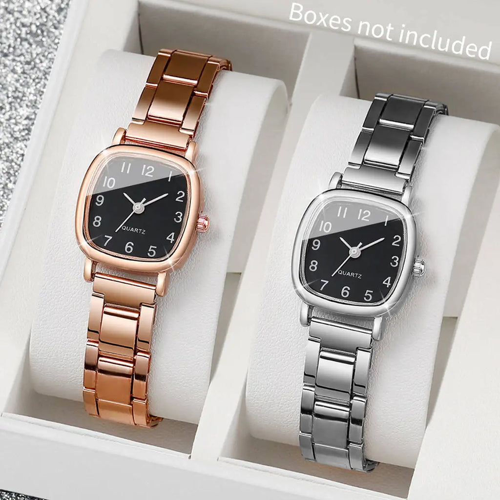 2PCS/Set Fashion Square Women Watches Simple Arabic Dial Quartz Wristwatch for Women Clock Reloj Mujer（Without Box） Qme 2PCS Set Without Box