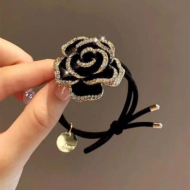 Women's High-end Tail Hair Bands Black Elasticity Tea Floral Ties Qme Default Title
