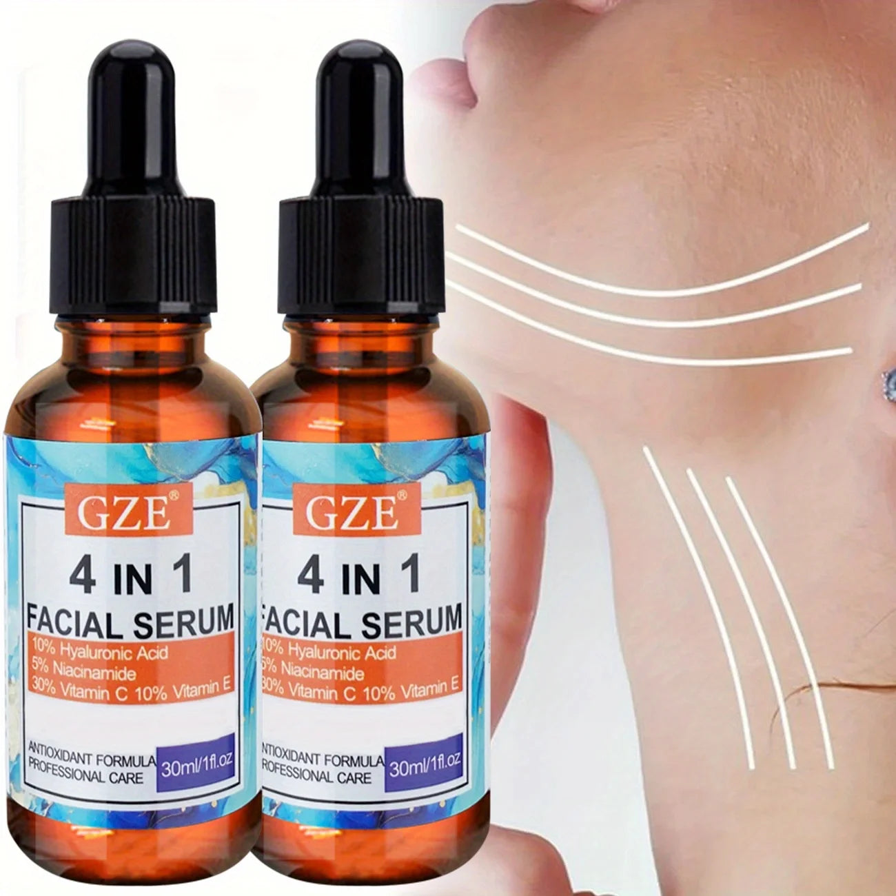 2pcs GZE 4-in-1 Face Serum with Hyaluronic Acid, Peptides, Vitamin C & E, Hydrates, Suitablefor All Skin Types Qme