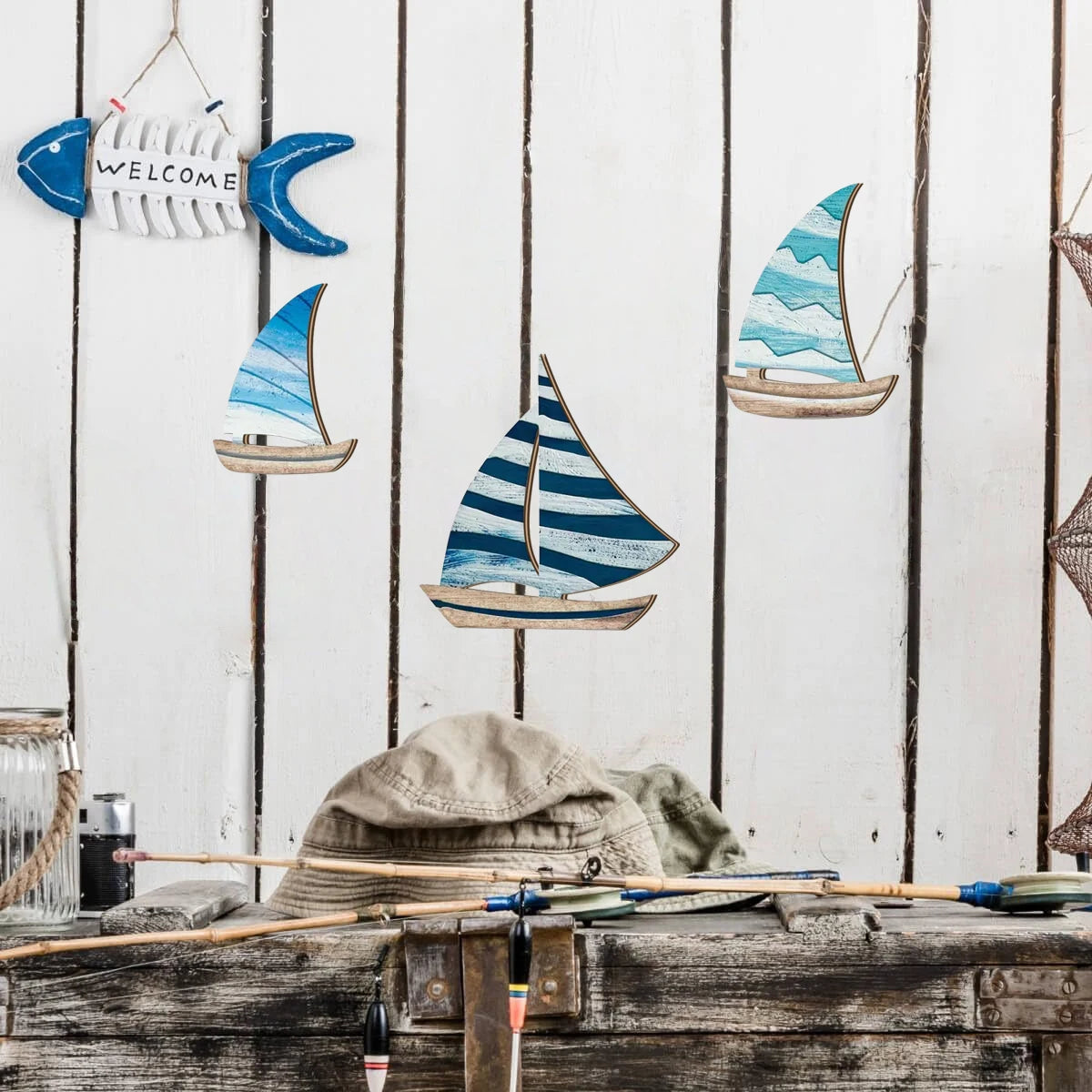 1 set of 2D blue ocean style sailboat wooden wall decoration, Mediterranean style farmhouse wall decoration, home decoration Qme