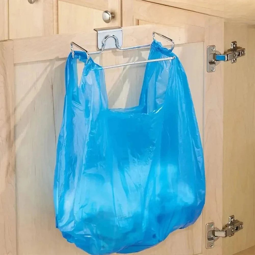 Multi-purpose Cabinet Door Trash Bag Rack Stainless Steel Trash Bag Hanger Storage Rack Kitchen Trash Bag Rack Without a hook Qme