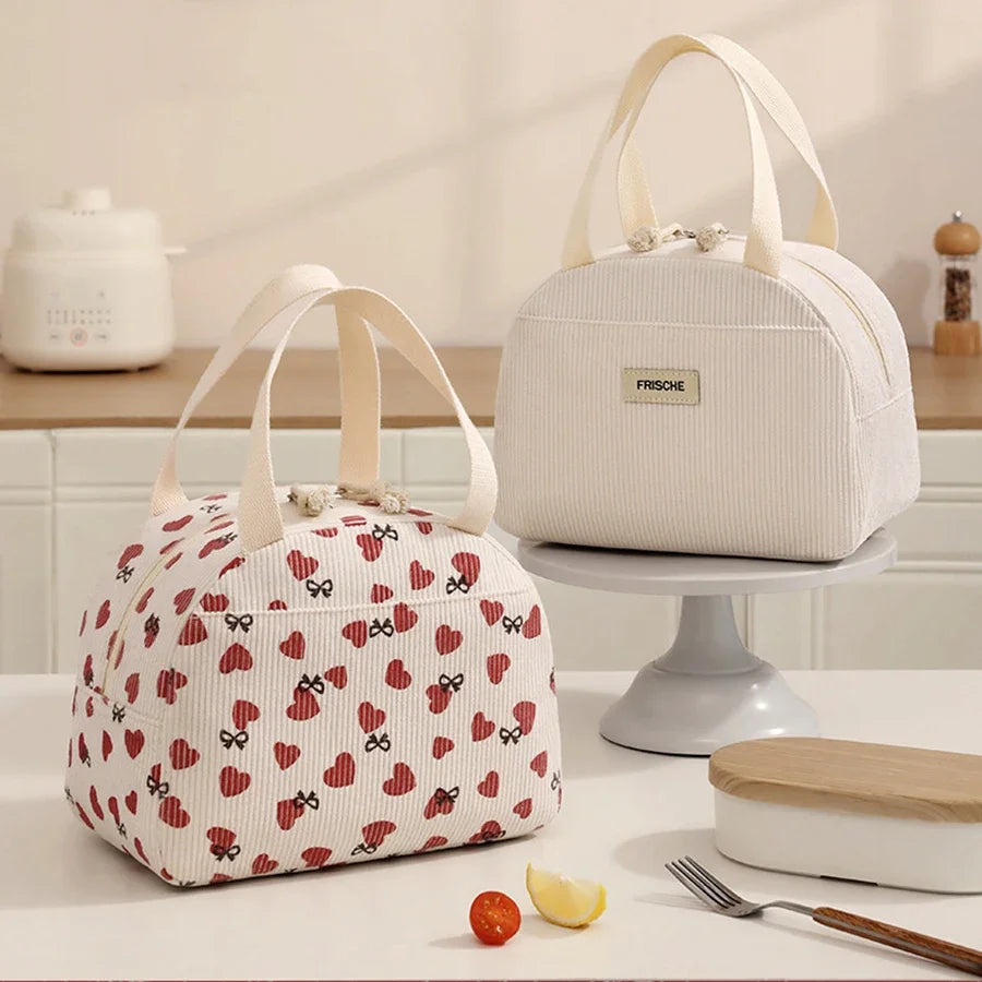 Corduroy Lunch Bag Portable Thermal Insulation Women's Cute Print Large Capacity Picnic Bento Box Handbag for Lunch Storage Qme