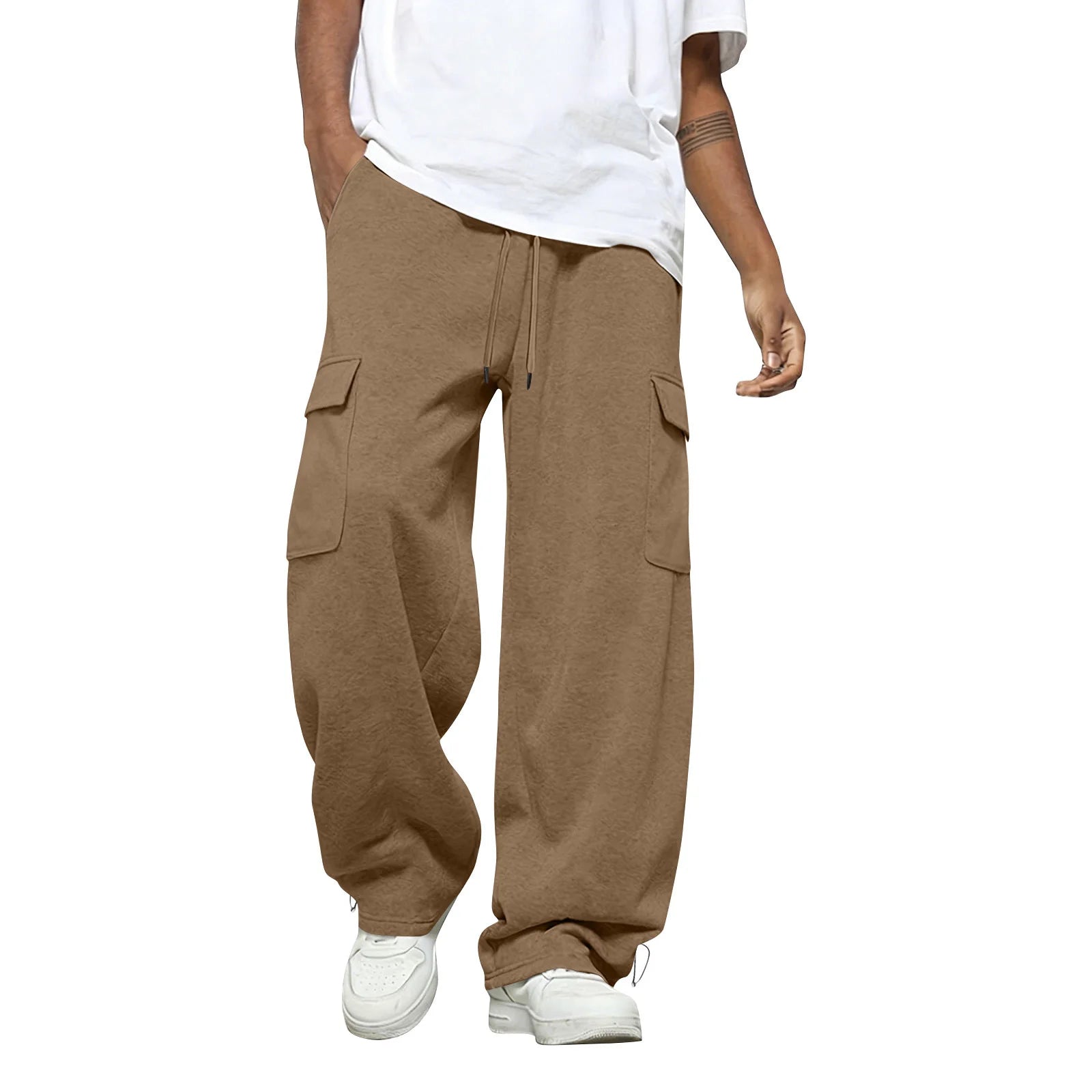 Male Basic Baggy Solid Wide Leg Sweatpants Fashion Daily Versatile Drawstring Elastic Waist Trousers Sports Hiking Comfy Pants Qme Khaki M