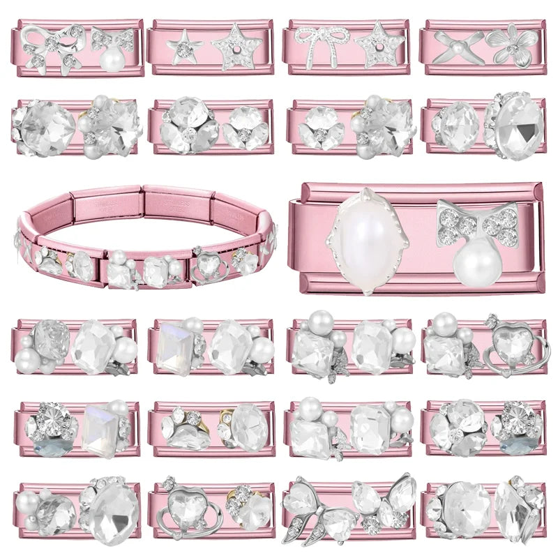 New 2026 Sweet Luxury Pearl Zircon Bows Square Long DIY Making Bracelet Women Men Stainless Steel 9mm Italian Charm Links Fit Qme