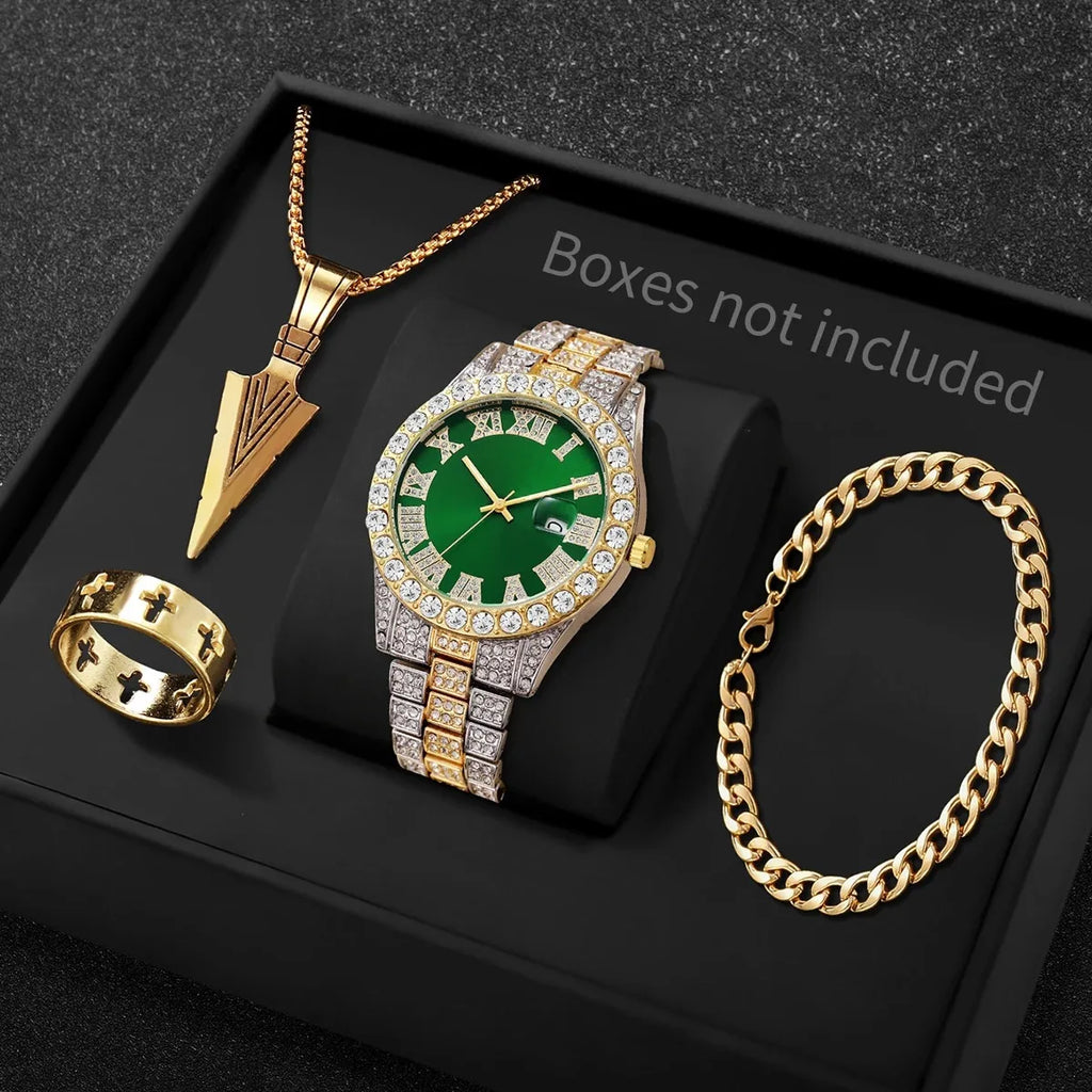 Hip Hop Diamond Watch Jewelry Set Spear Pendant Ring Bracelet For Men Qme