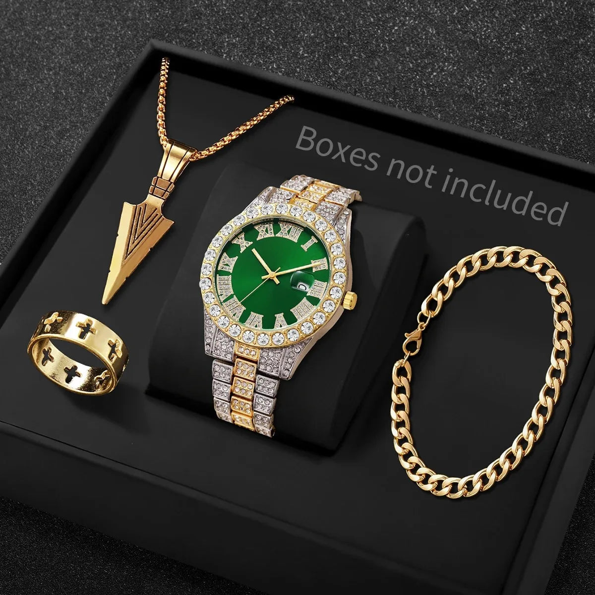 Hip Hop Diamond Watch Jewelry Set Spear Pendant Ring Bracelet For Men Qme
