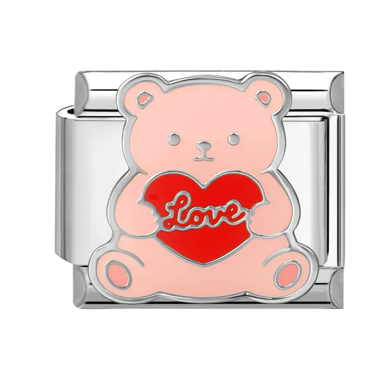 2026 Colour Glaze Red Love Heart Bear Bikini Coconut tree Italian Charm Links Fit 9mm Stainless Steel Bracelet DIY Making Gifts Qme Style 6