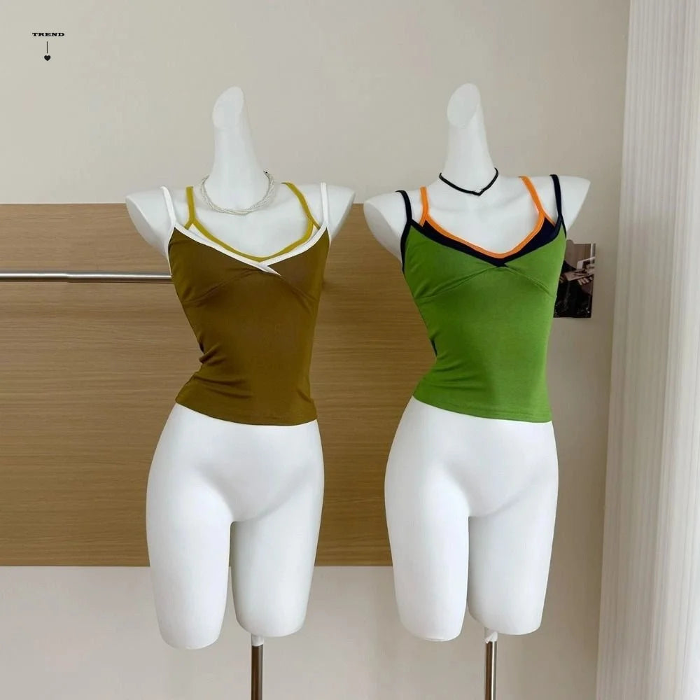 Fashion Slim Fit Fake Two Camisole Patchwork Streetwear Crop Tops Qme