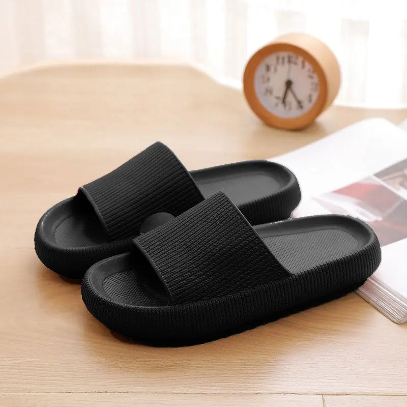 Summer Couple Shoes Women Bathroom Slippers Cloud Cushion Slides Flat Sandals Thick Platform Shoes Man Indoor Non-Slip Flip Flop Qme A-Black 42-43 (fit 41-42)