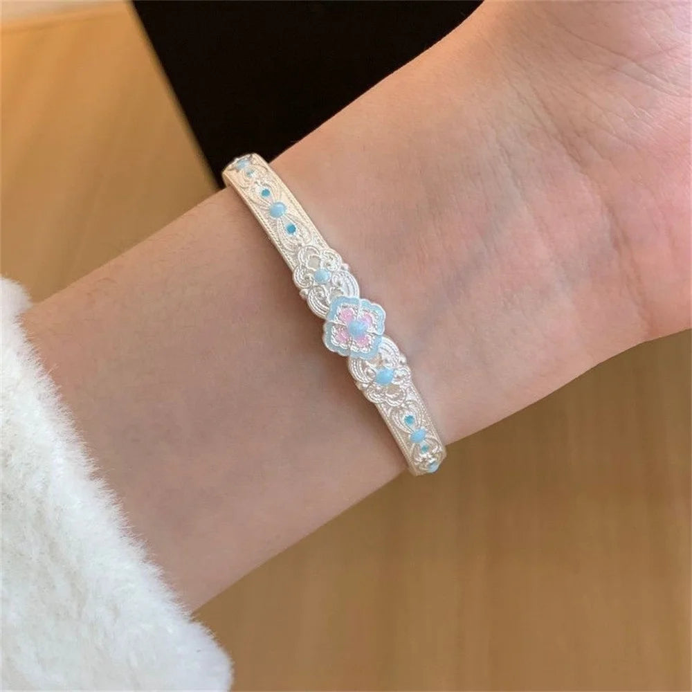 Chinese Style Fresh Retro Enamel Court Opening Bangle Bracelet Simple and Versatile Fairy Jewelry Bracelet Gift Qme
