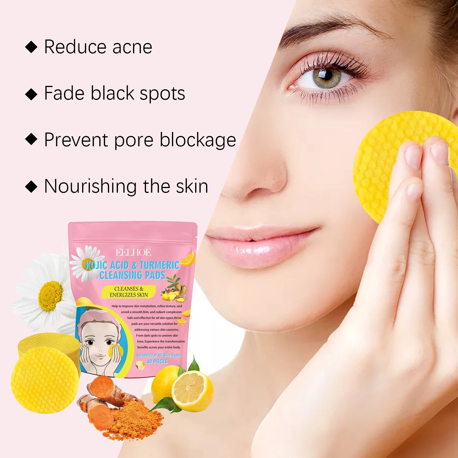 40pcs Turmeric Kojic Acid Cleansing Pad Gentle Cleansing Exfoliating Pads Fades Dark Spots Brightens Daily Cleansing Skin Care Qme