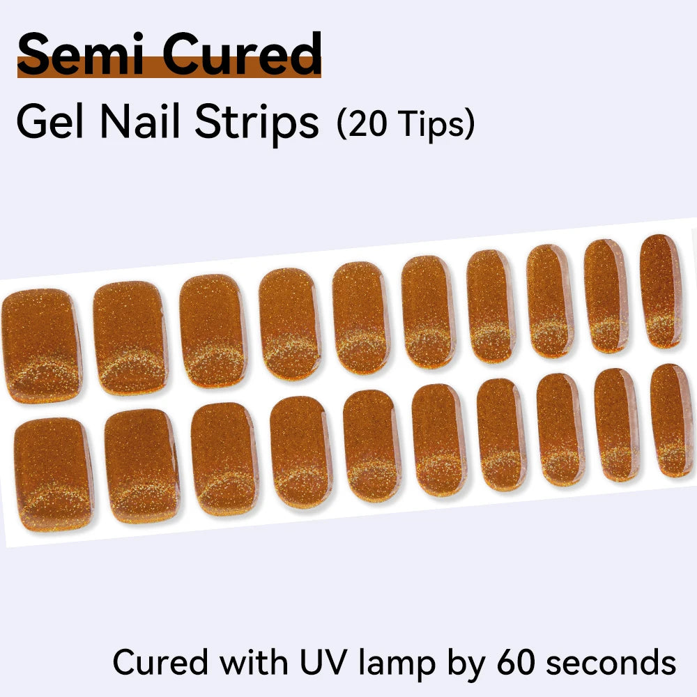 20Tips Sparkly Semi-cured Gel Nail Wraps Full Cover Shinning Pink Qme NC240245