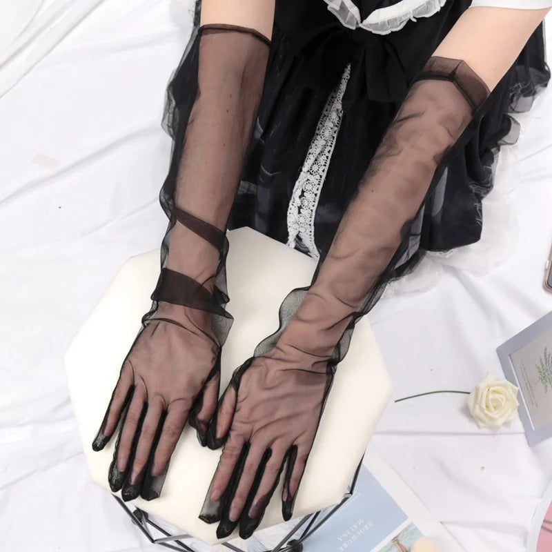 Fashion Long Sheer Tulle Gloves Ultra Thin Stretchy Full Finger Qme