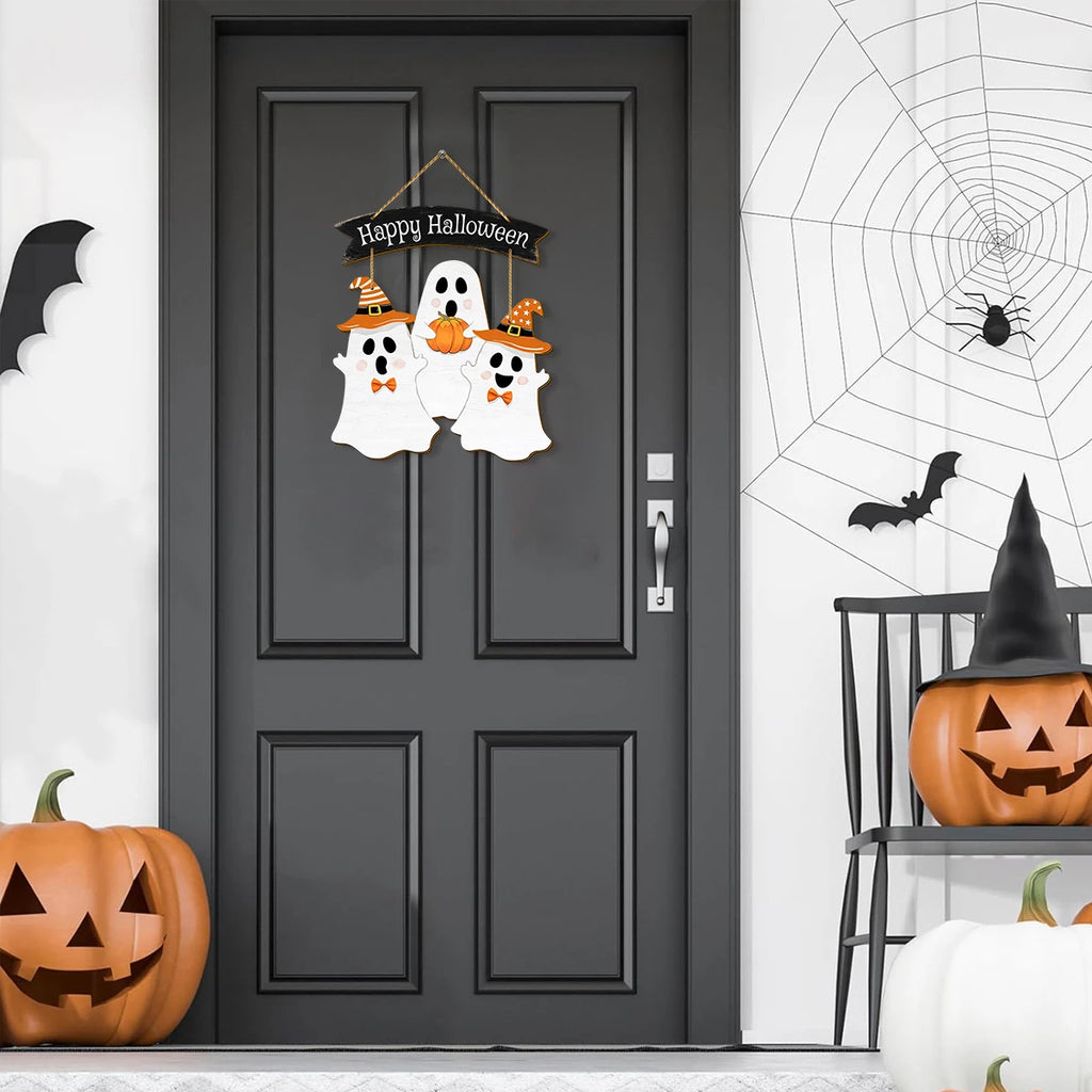 Halloween 2D wooden wall hanging sign, "Happy Halloween" banner, ghost pumpkin decoration with witch hat, Halloween home Decor Qme