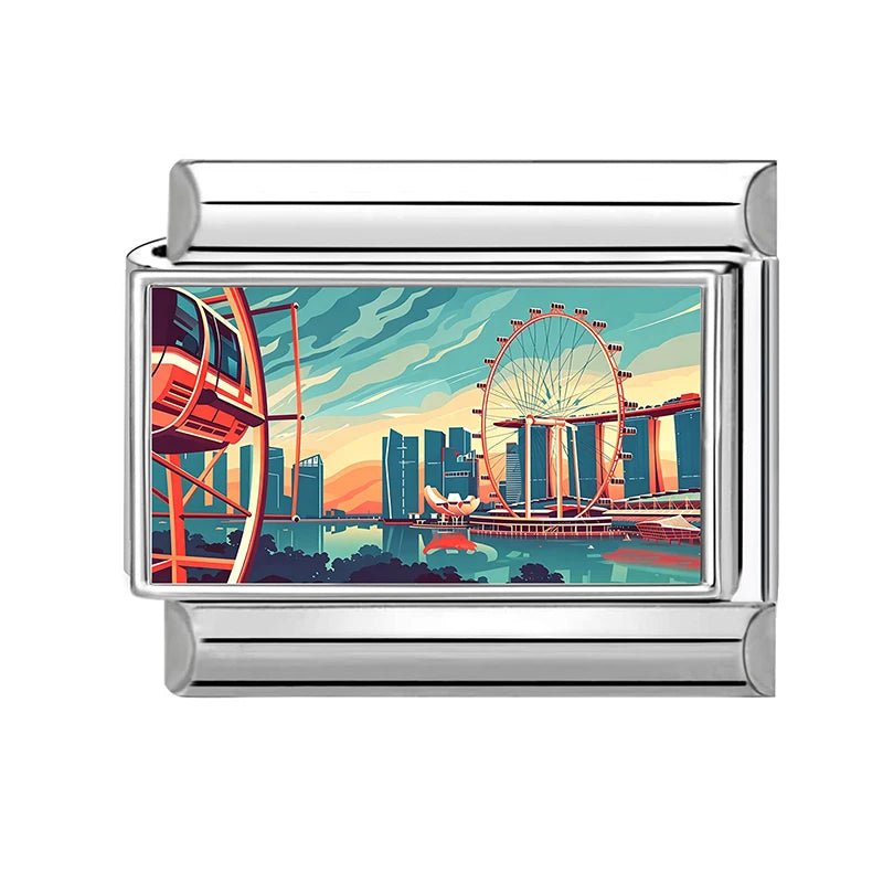 Fashion Colored Color Charm Ferris Wheel Lake City Scenery Italian Link Fit 9mm Stainless Steel Bracelet Jewelry Making DIY Gift Qme Style 8