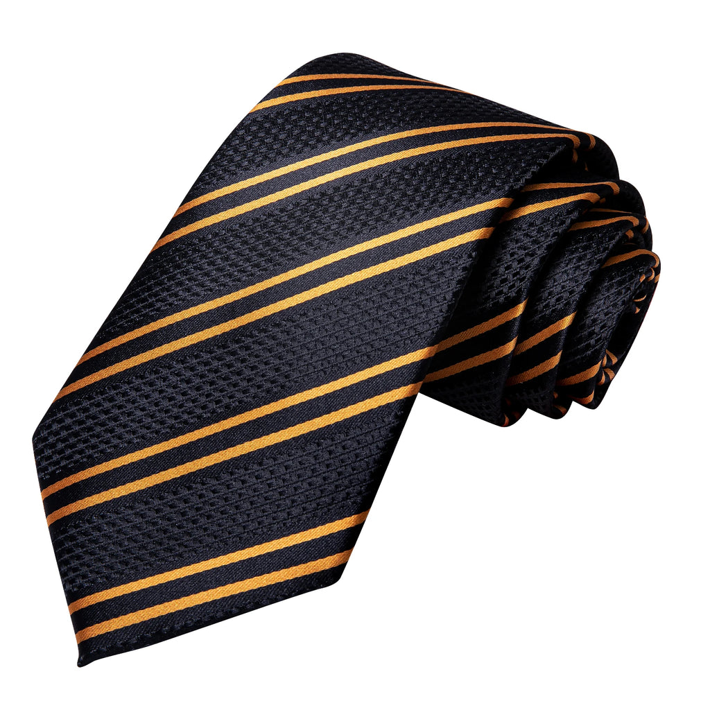 Hi-Tie Luxury Gift Box Golden Striped Pattern Tie Soft Men's Handkerchief Cufflink Set Wedding High Quality Qme